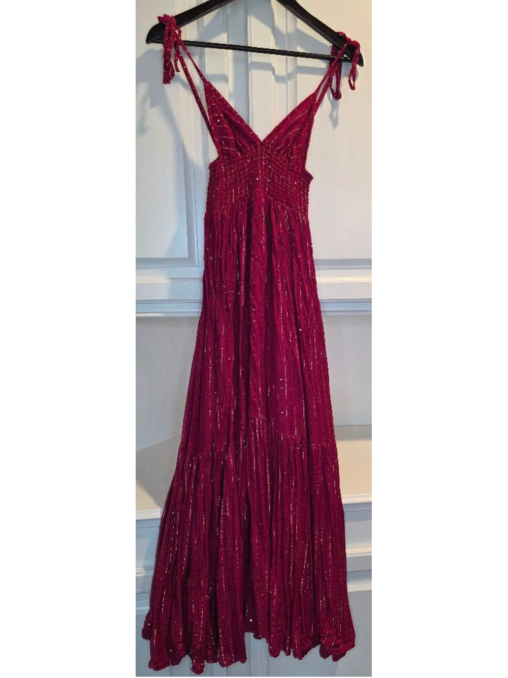 Sundress XS Red Gold Sequin Tie Strap Boho Resort Maxi Dress - Picture 2 of 11